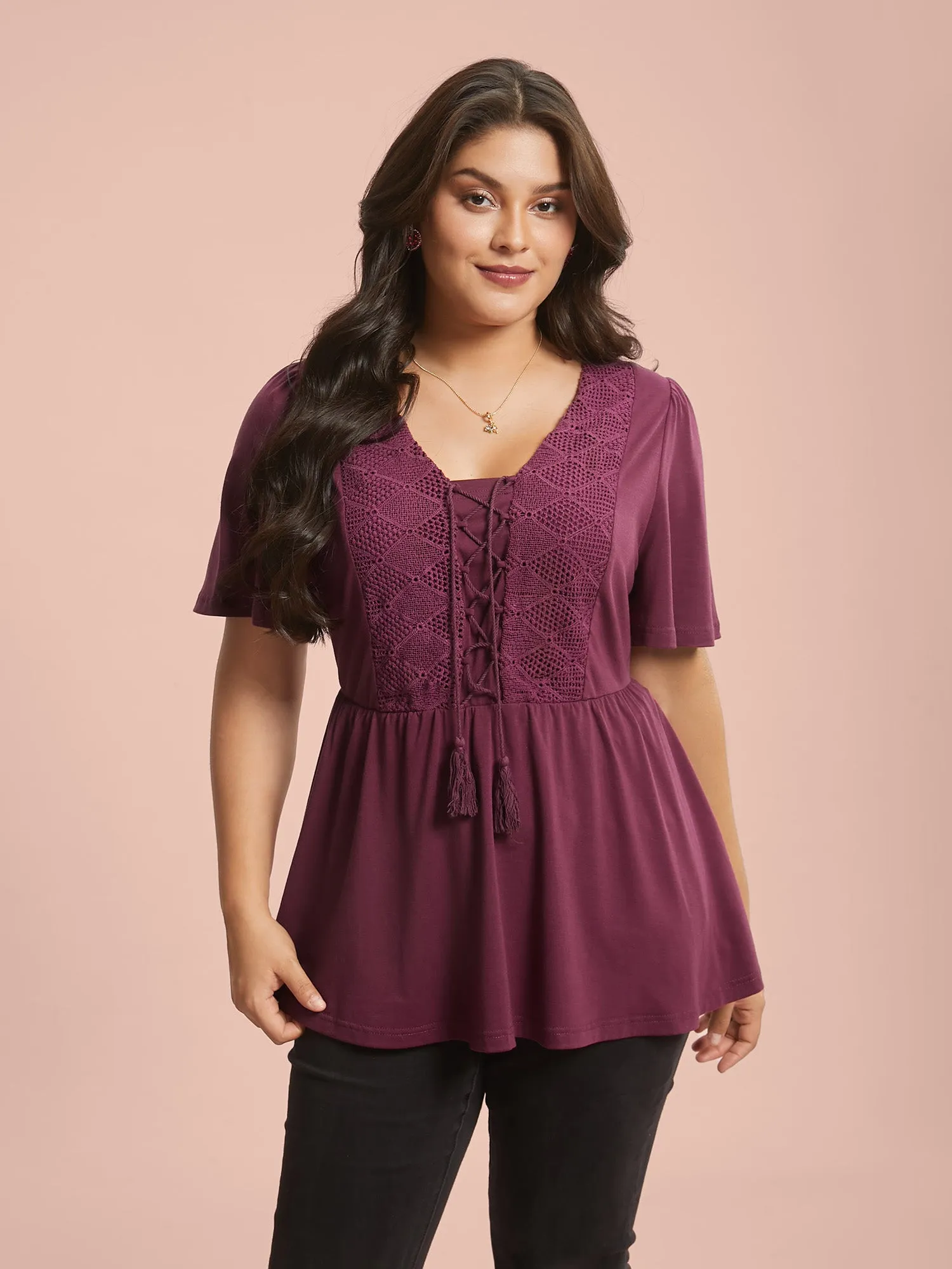 Lace-Up Tassels Patchwork Plain Top sold by Bloomchic