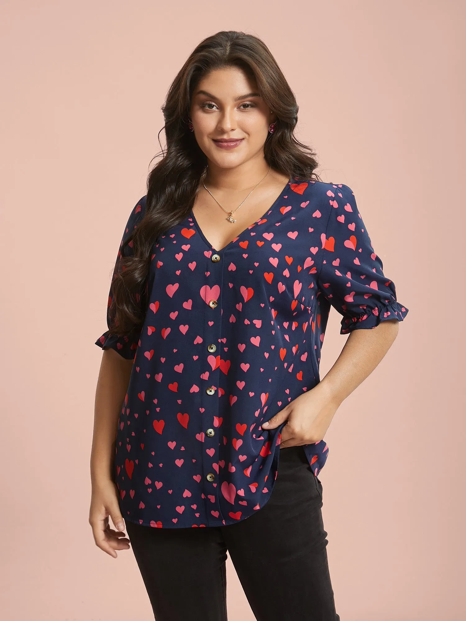 Heart Pattern Button Detail Ruffle Blouse sold by Bloomchic