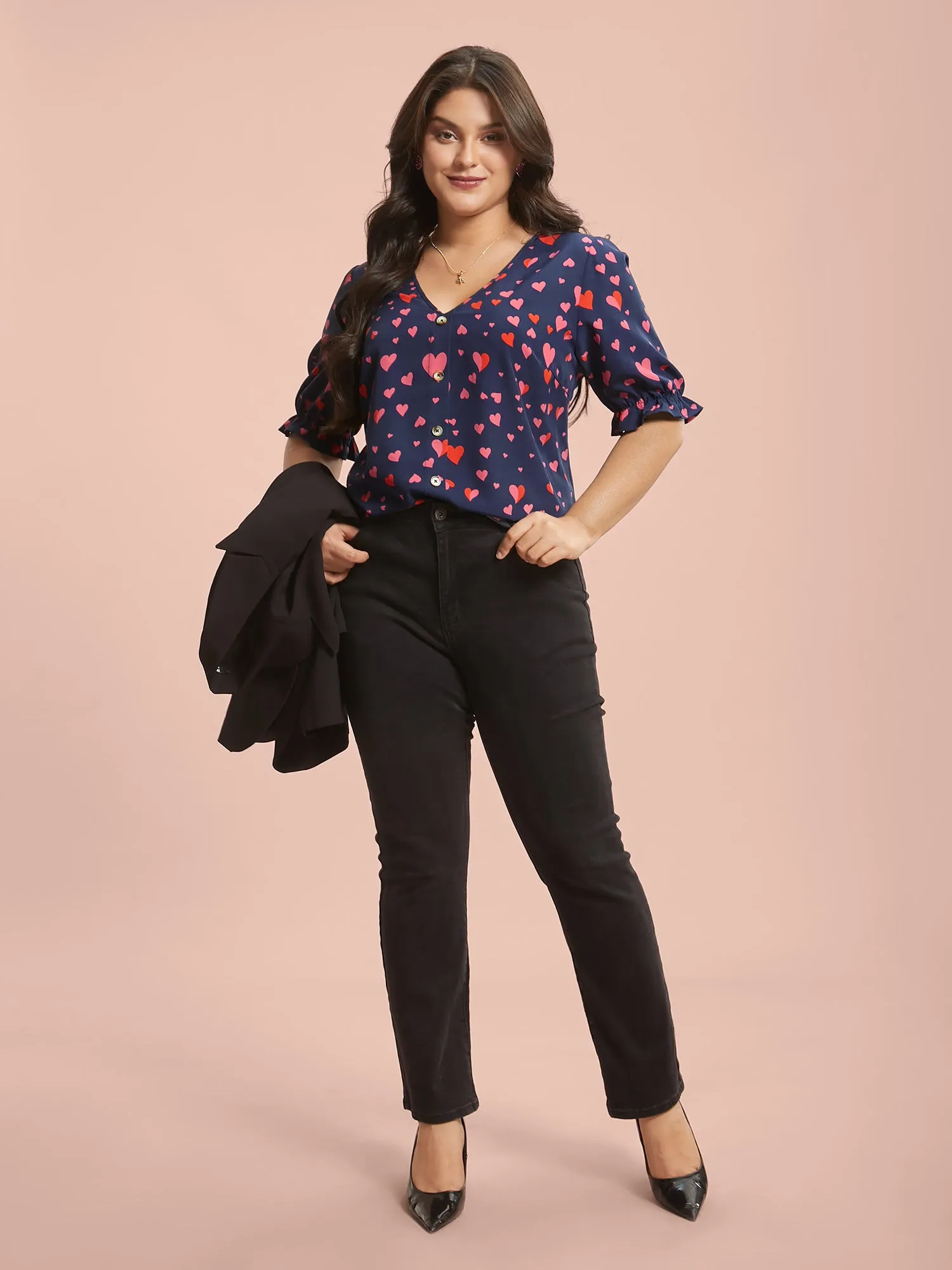 Heart Pattern Button Detail Ruffle Blouse sold by Bloomchic product image thumbnail 3