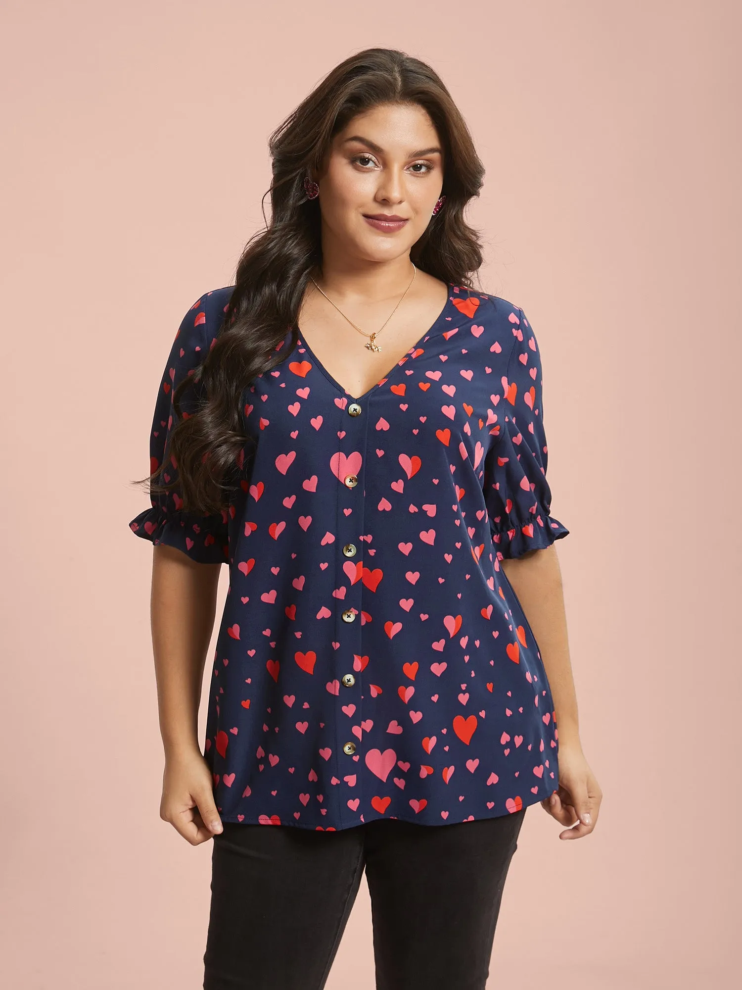 Heart Pattern Button Detail Ruffle Blouse sold by Bloomchic product image thumbnail 2