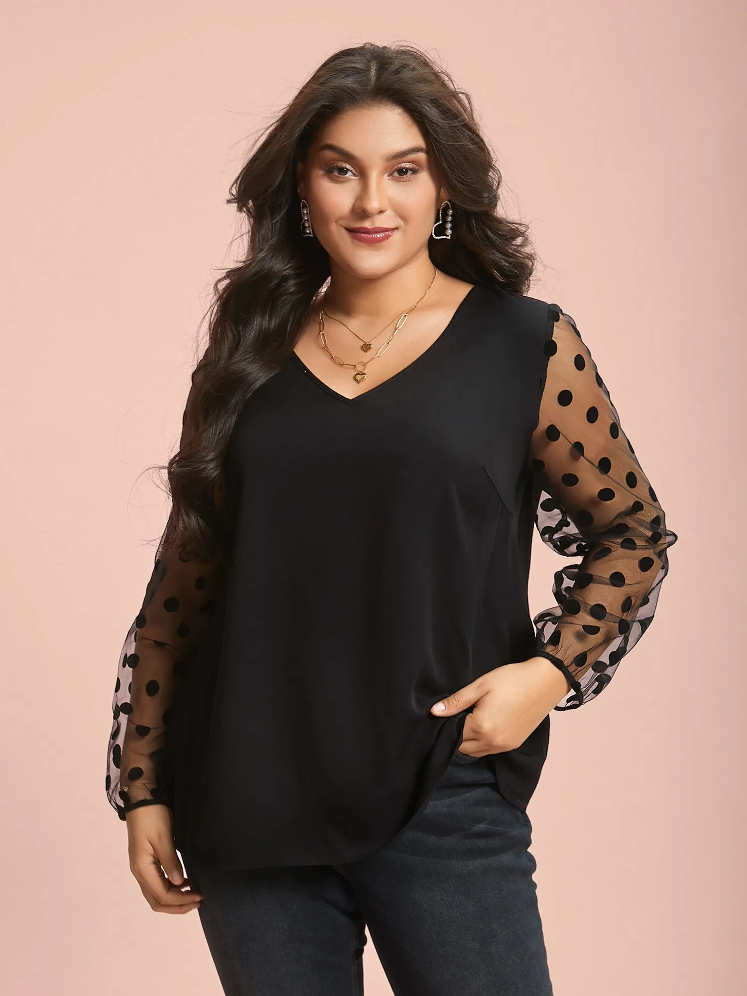 Polka Dot Sheer Mesh Sleeve Spliced Blouse sold by Bloomchic product image thumbnail 2