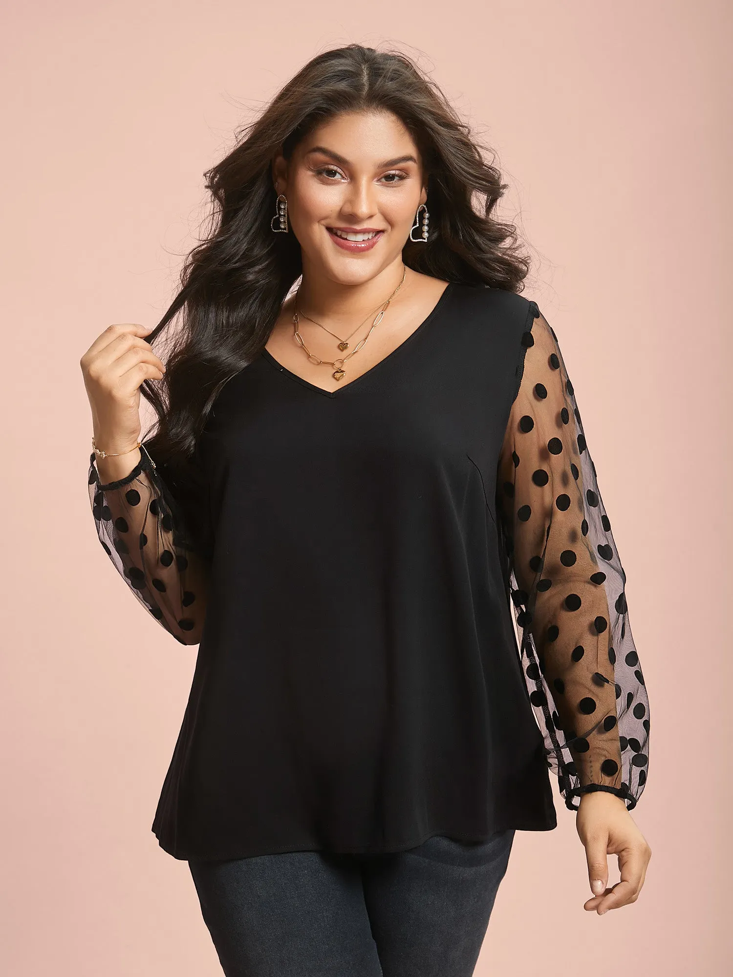 Polka Dot Sheer Mesh Sleeve Spliced Blouse sold by Bloomchic