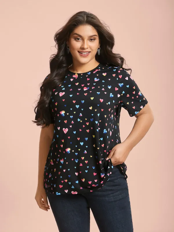 Multi-Color Hearts Printed Stretchy T-Shirt sold by Bloomchic