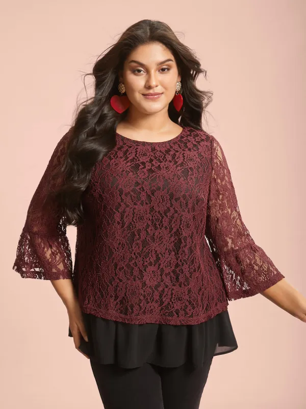 Round Neck Contrast Lace Ruffled Sleeve Blouse sold by Bloomchic