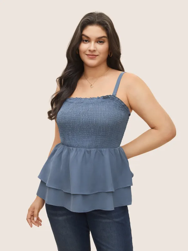 Solid Shirred Ruffle Layered Hem Cami Top sold by Bloomchic
