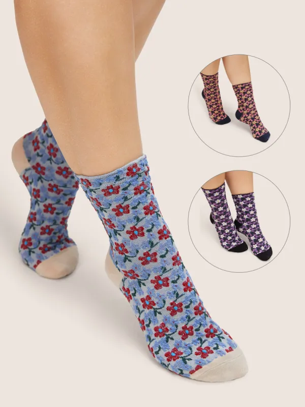 3 Pairs Ditsy Floral Mid Calf Socks Set sold by Bloomchic