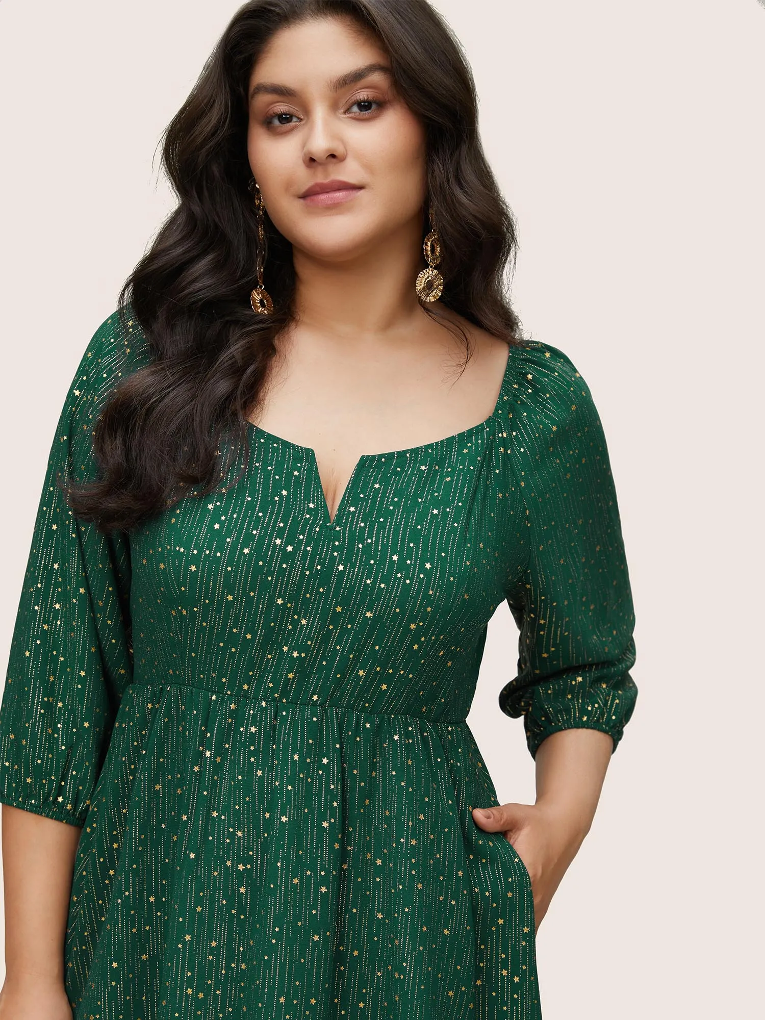 Geometric Glitter Notched Lantern Sleeve Dress sold by Bloomchic product image thumbnail 4