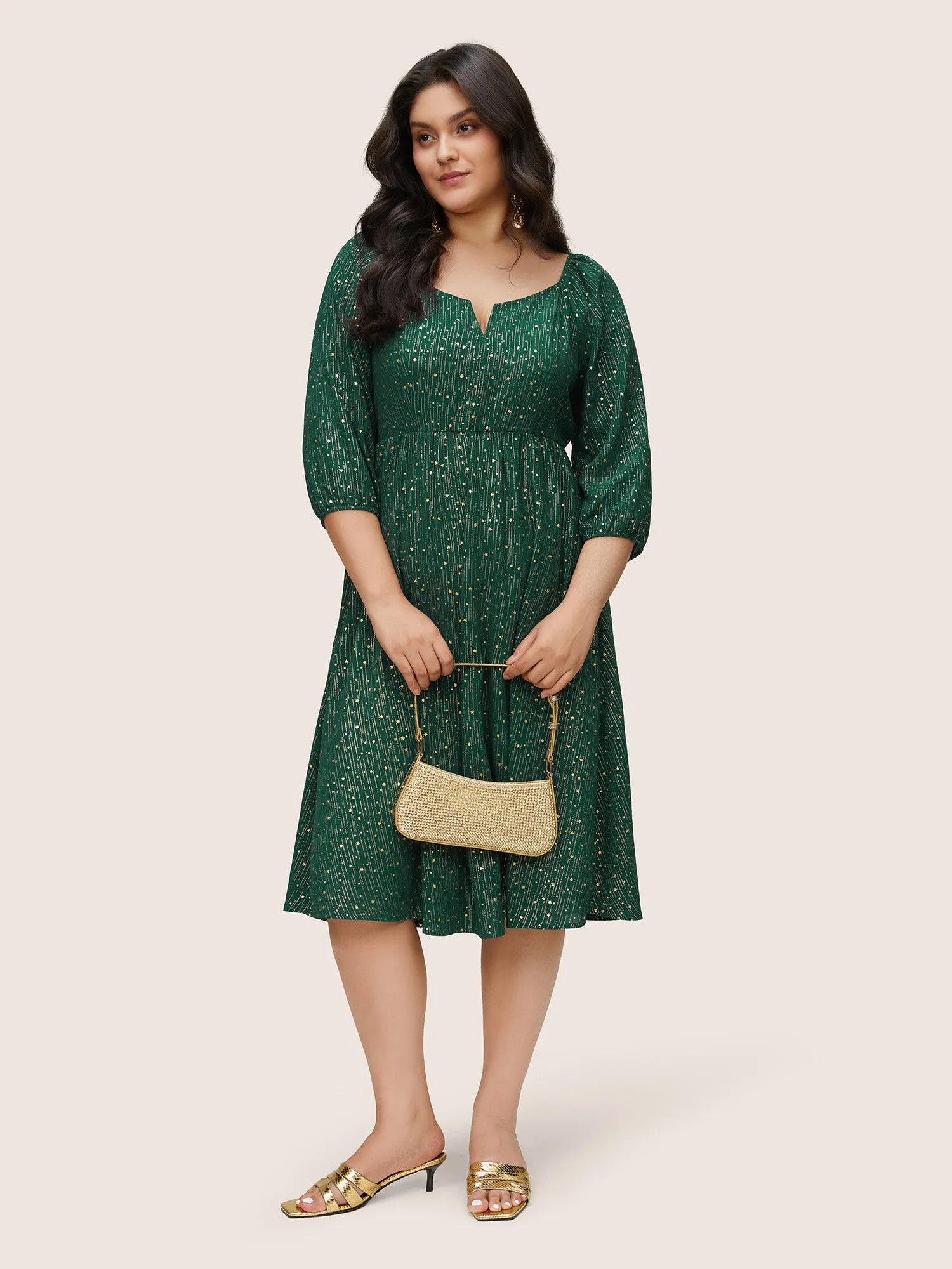 Geometric Glitter Notched Lantern Sleeve Dress sold by Bloomchic product image thumbnail 3