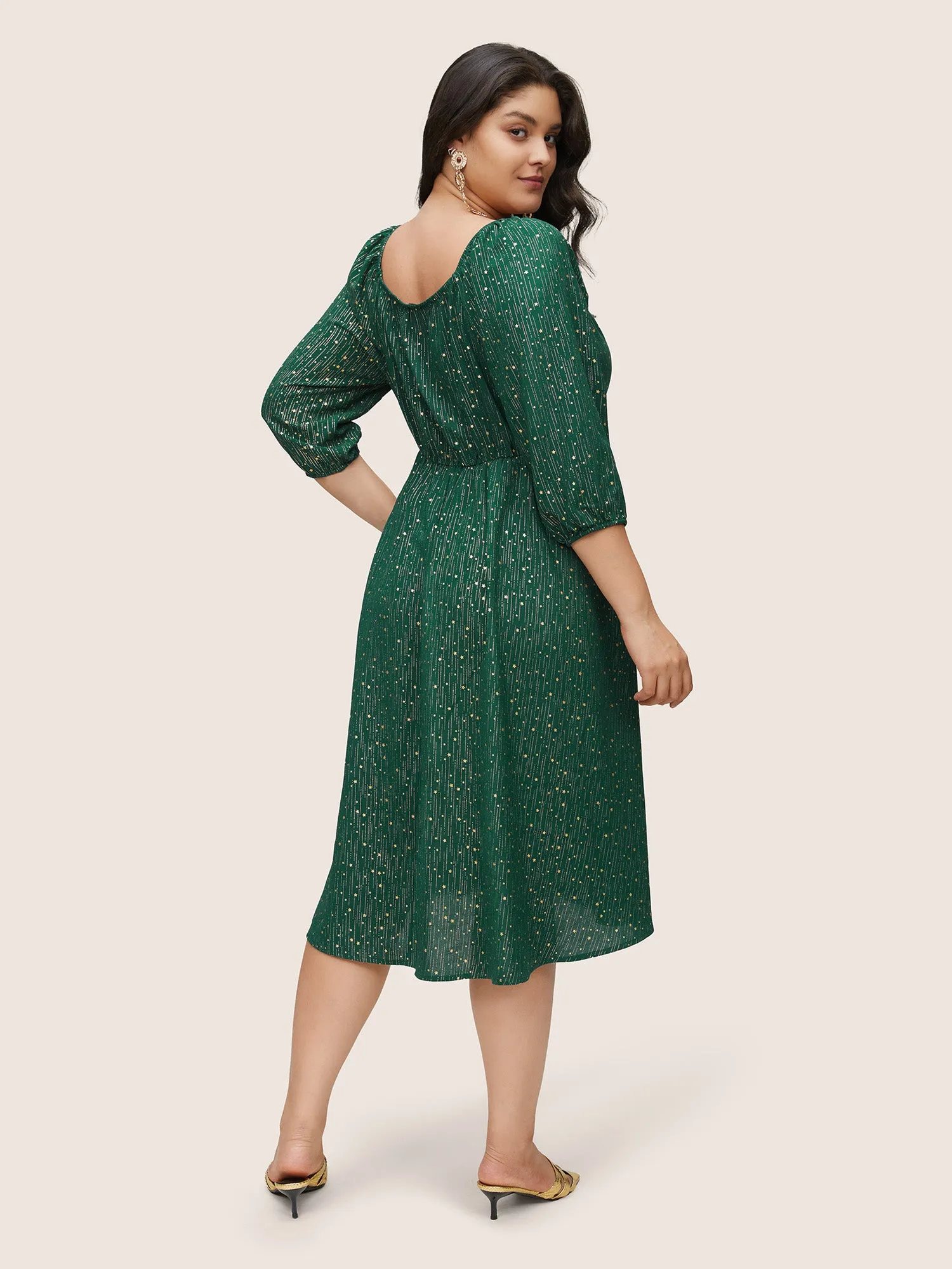 Geometric Glitter Notched Lantern Sleeve Dress sold by Bloomchic product image thumbnail 2