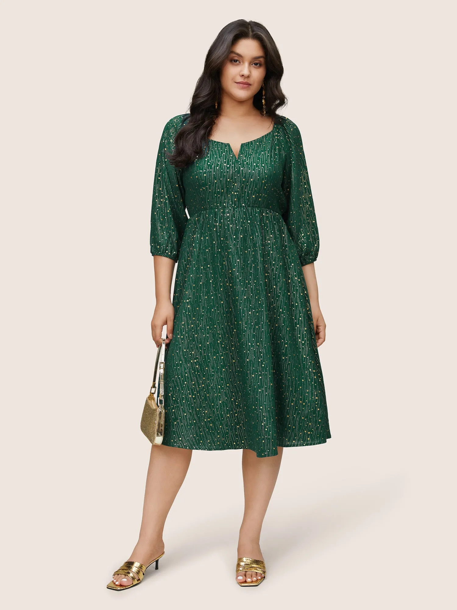 Geometric Glitter Notched Lantern Sleeve Dress sold by Bloomchic