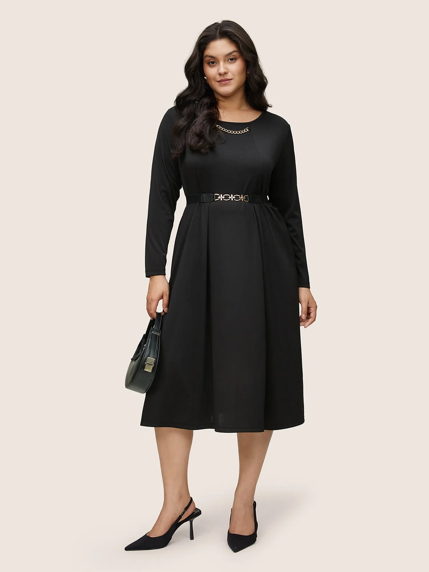 Solid Metal Chain Detail Pocket Plicated Dress sold by Bloomchic