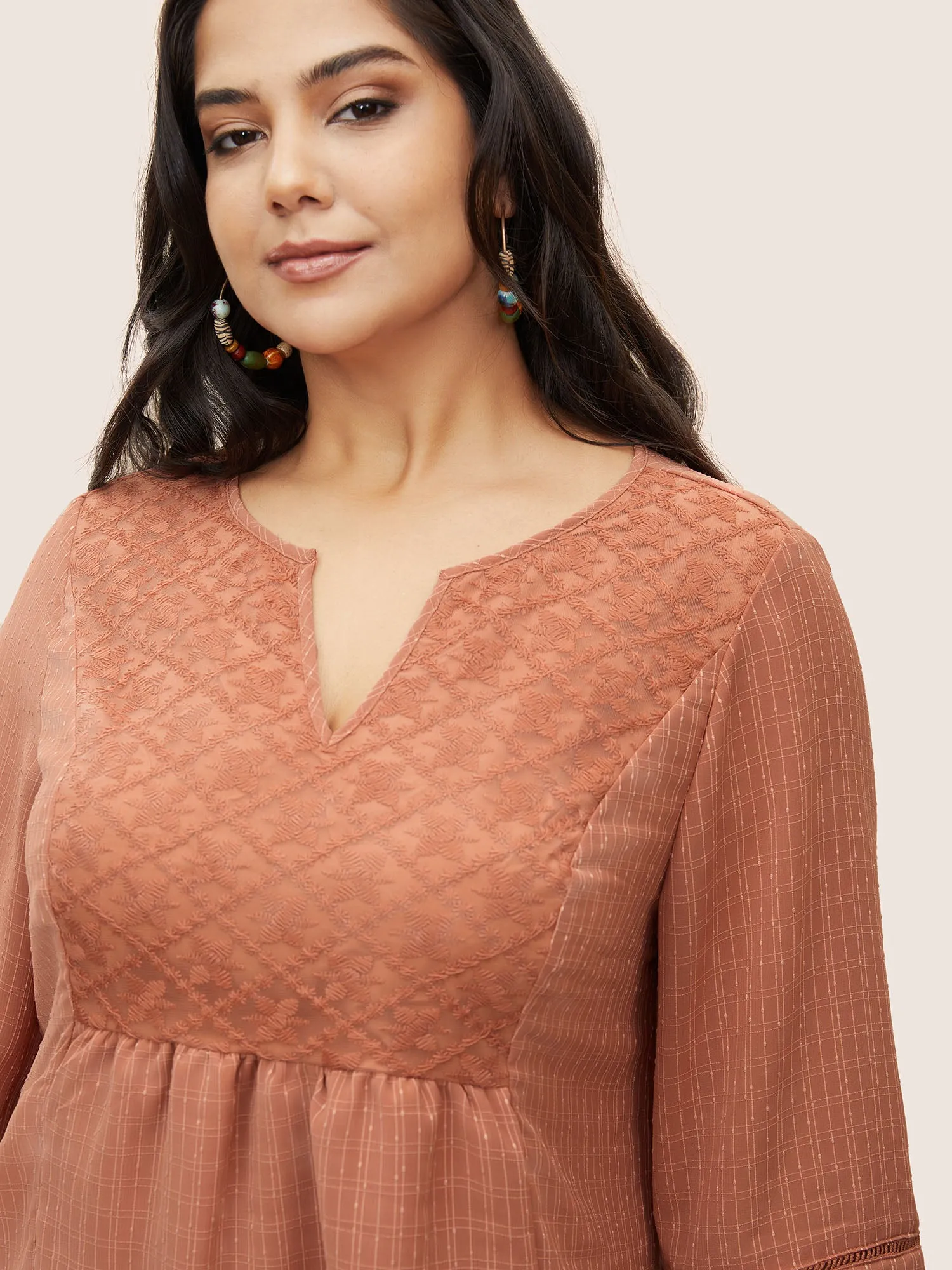 Solid Notched Lace Panel Bell Sleeve Blouse sold by Bloomchic product image thumbnail 4