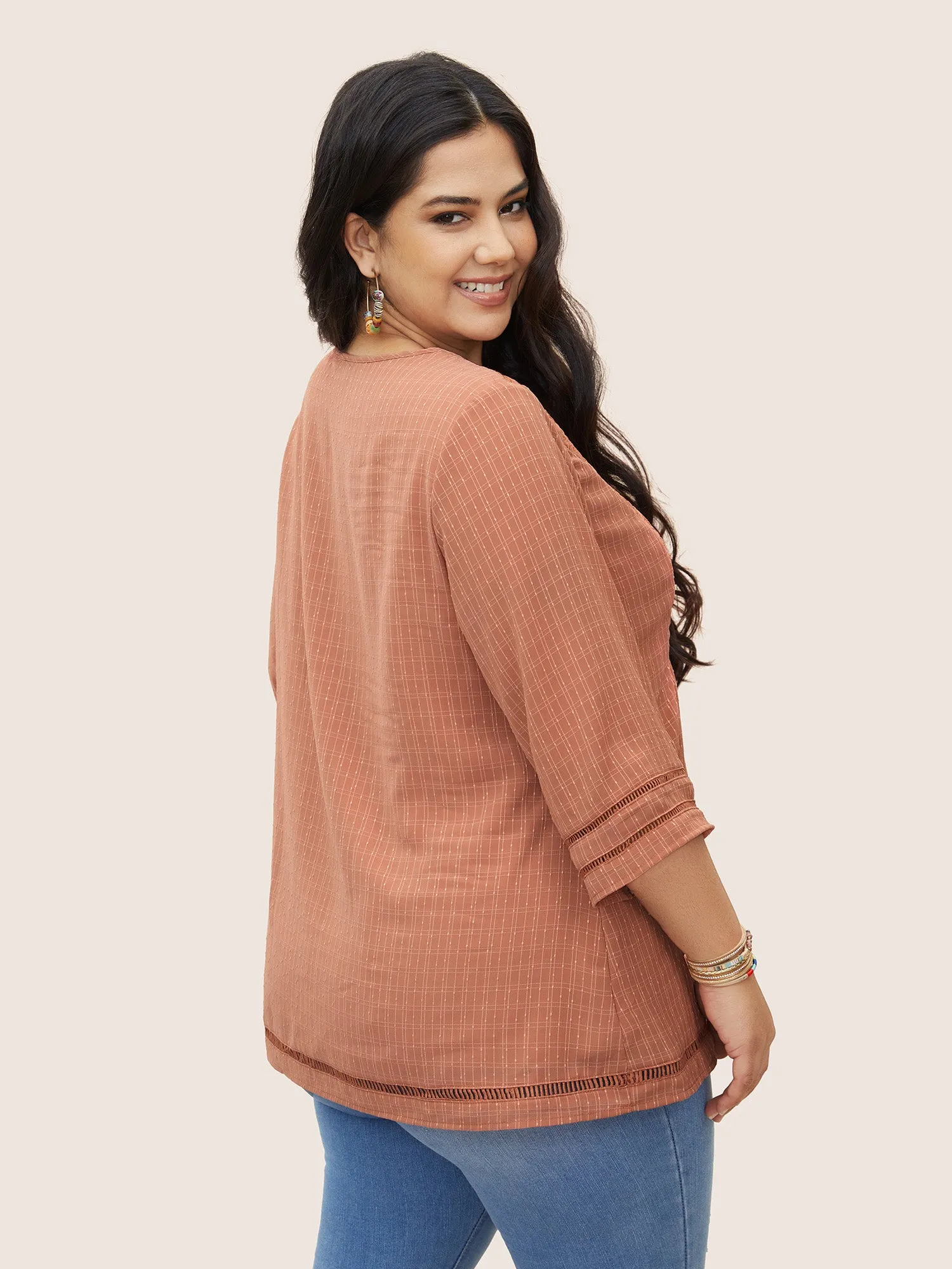 Solid Notched Lace Panel Bell Sleeve Blouse sold by Bloomchic product image thumbnail 5