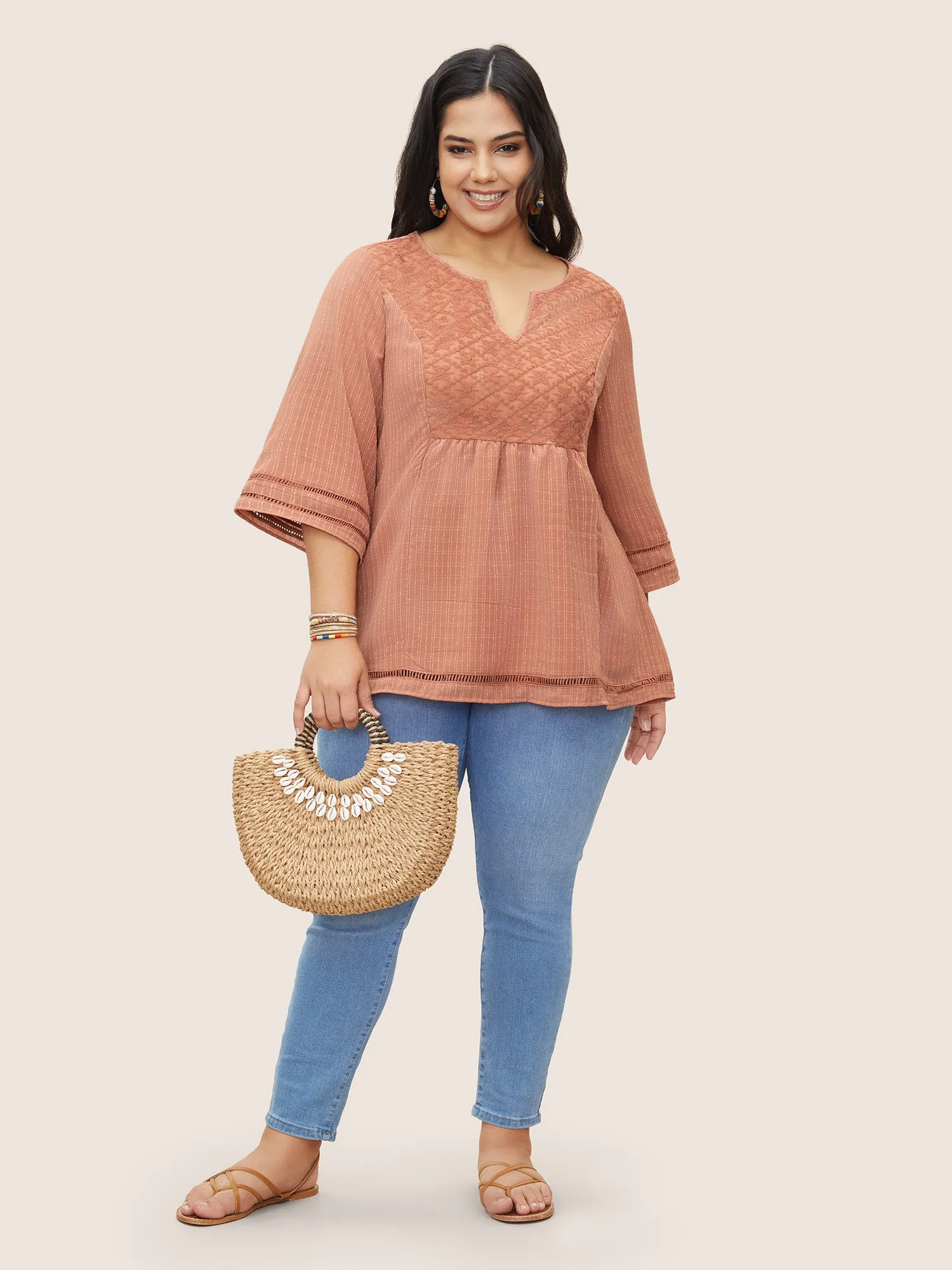 Solid Notched Lace Panel Bell Sleeve Blouse sold by Bloomchic product image thumbnail 3