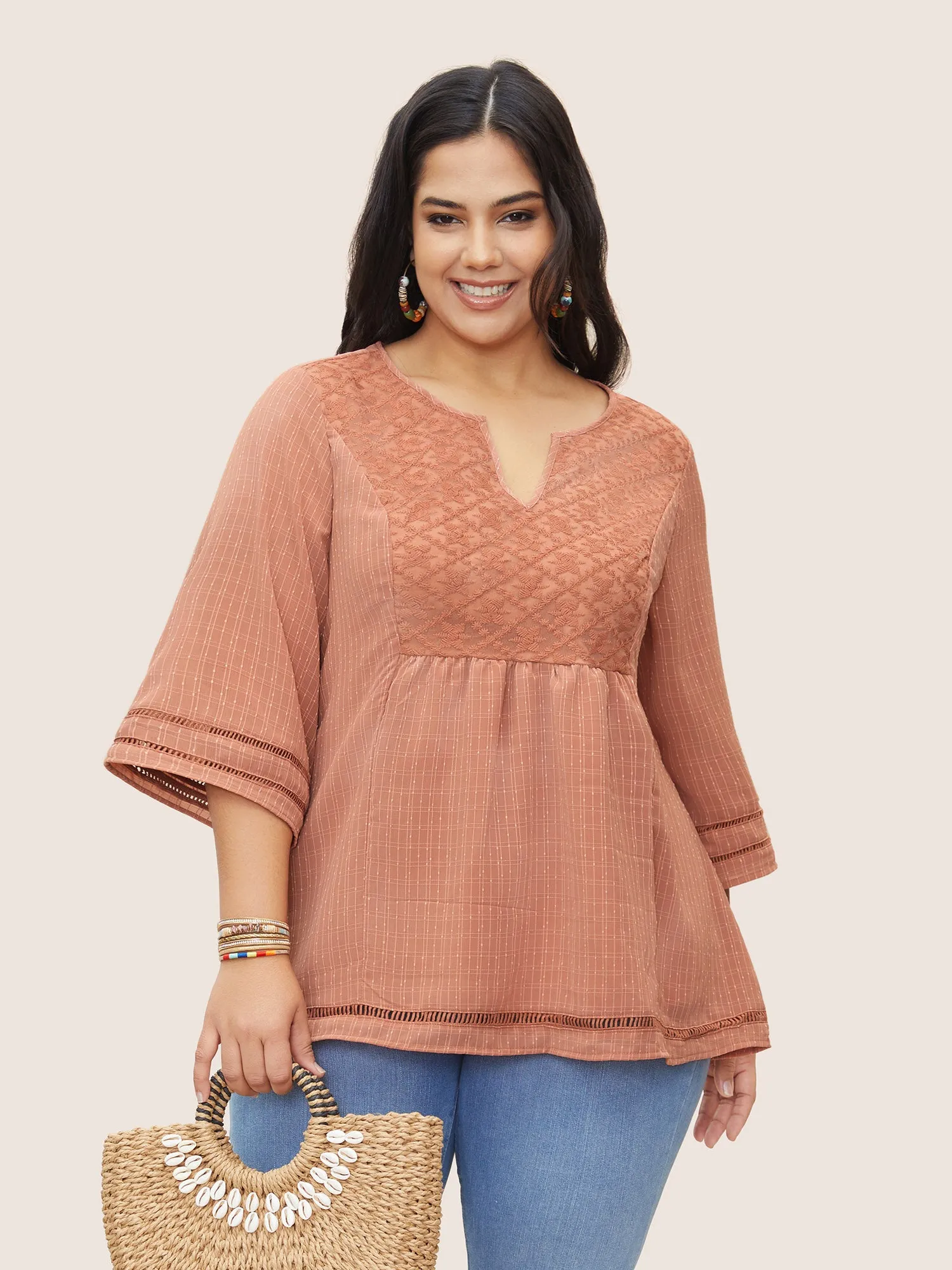 Solid Notched Lace Panel Bell Sleeve Blouse sold by Bloomchic