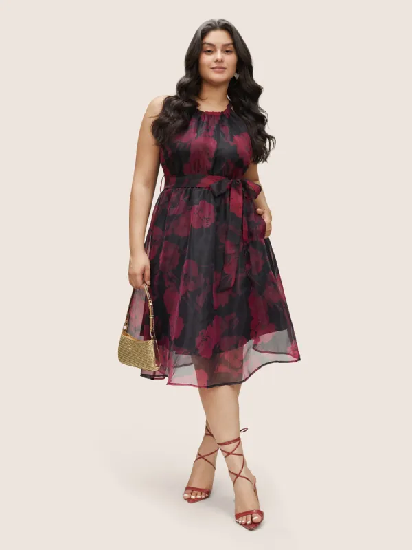Halter Pixel Flower Mesh Gathered Belted Dress sold by Bloomchic