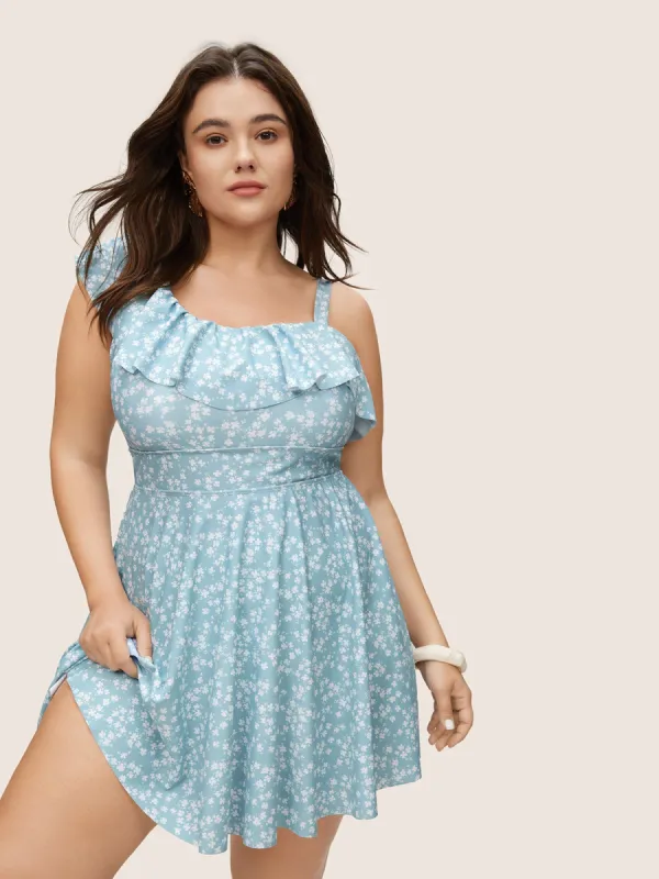 Ditsy Floral Asymmetrical Neck Ruffles Swim Dress sold by Bloomchic
