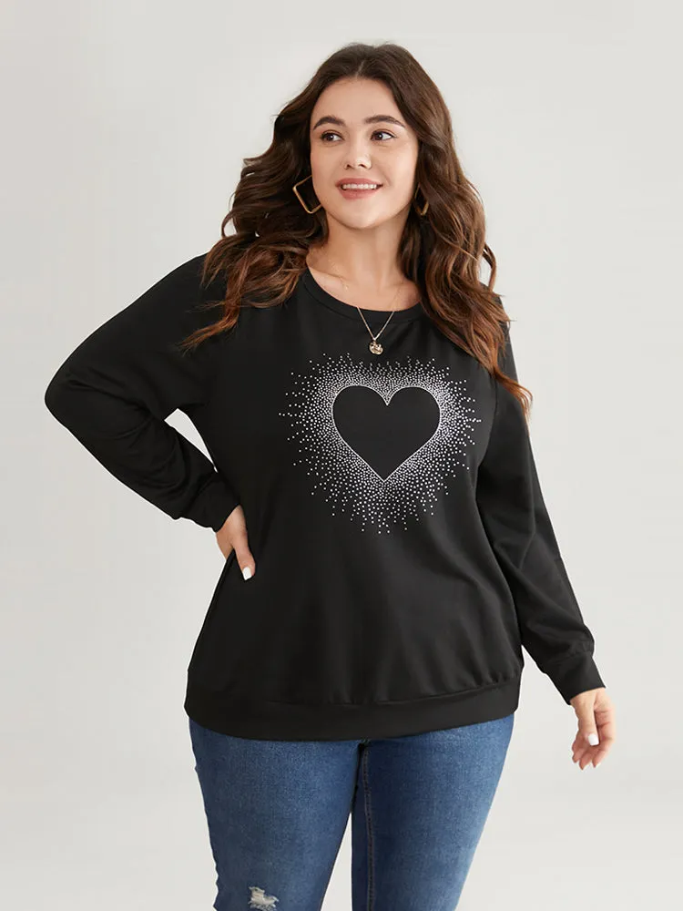 Heart Rhinestone Round Neck Sweatshirt sold by Bloomchic