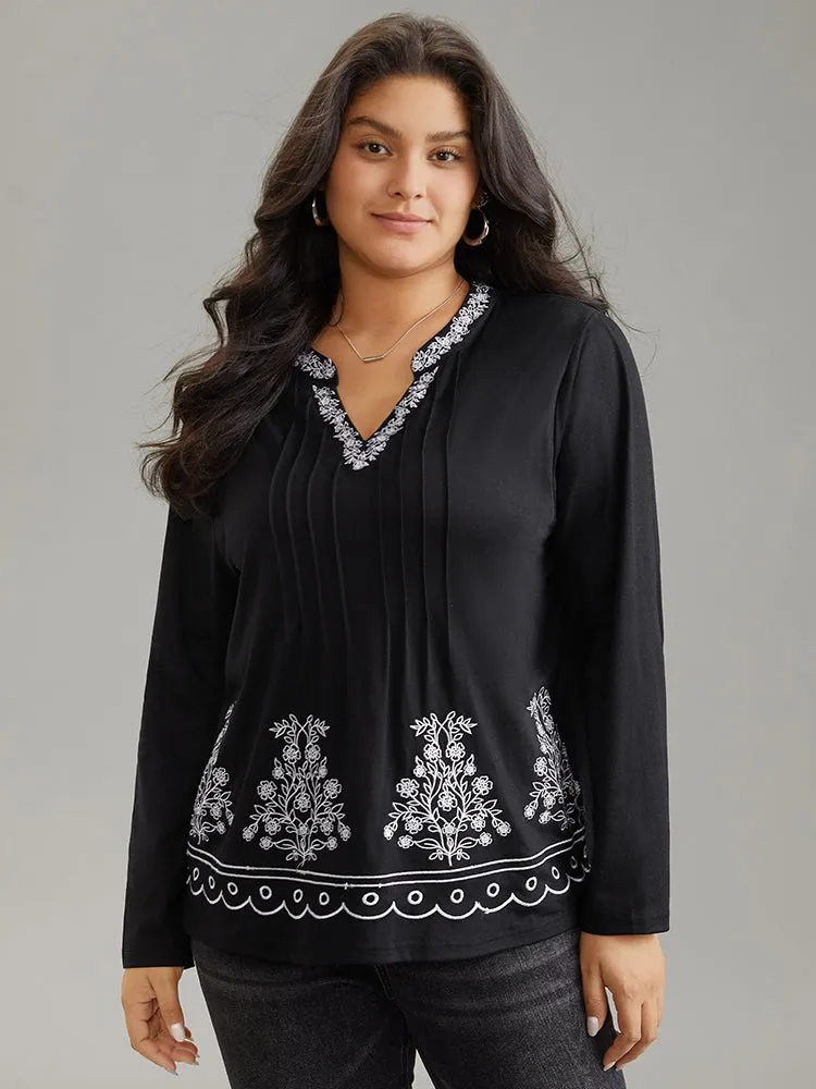 Floral Embroidered Notched Pleated T-shirt sold by Bloomchic