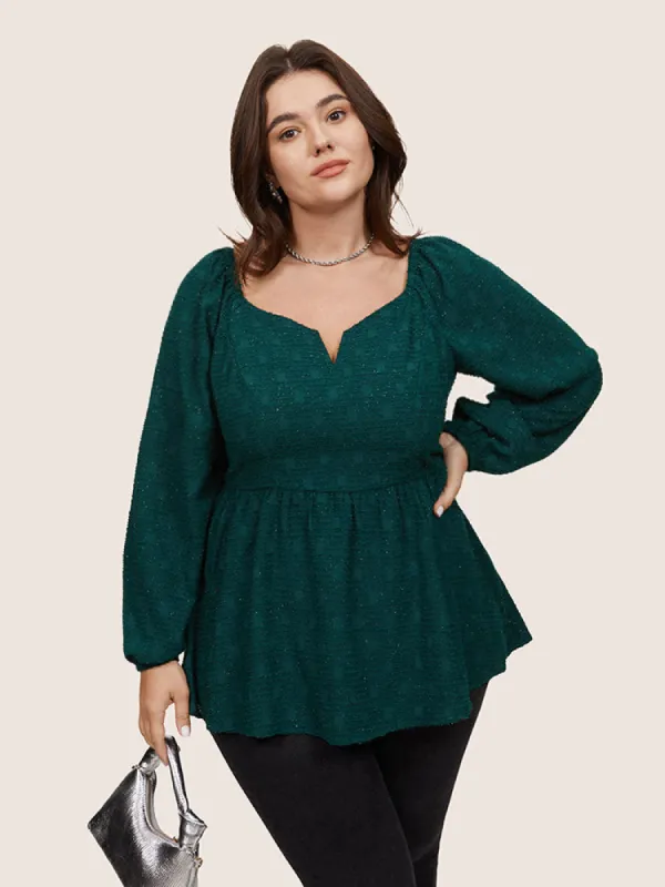 Solid Jacquard Notched Lantern Sleeve Blouse sold by Bloomchic