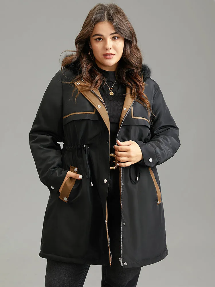 Contrast Drawstring Patchwork Zipper Fuzzy Trim Coat sold by Bloomchic