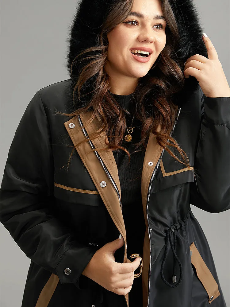 Contrast Drawstring Patchwork Zipper Fuzzy Trim Coat sold by Bloomchic product image thumbnail 5