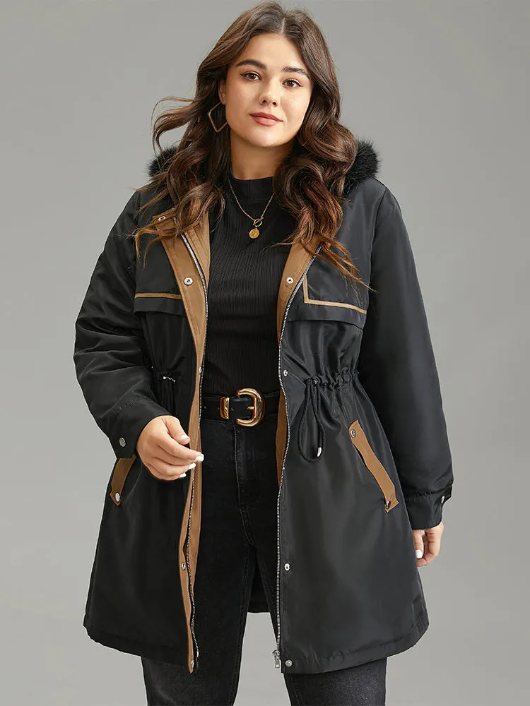 Contrast Drawstring Patchwork Zipper Fuzzy Trim Coat sold by Bloomchic product image thumbnail 3