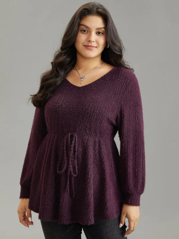 Solid Texture Fluffy Knot Ruffle Hem T-shirt sold by Bloomchic