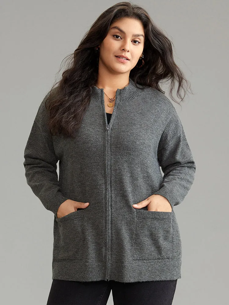 Anti-Pilling Zipper Fly Patched Pocket Cardigan sold by Bloomchic