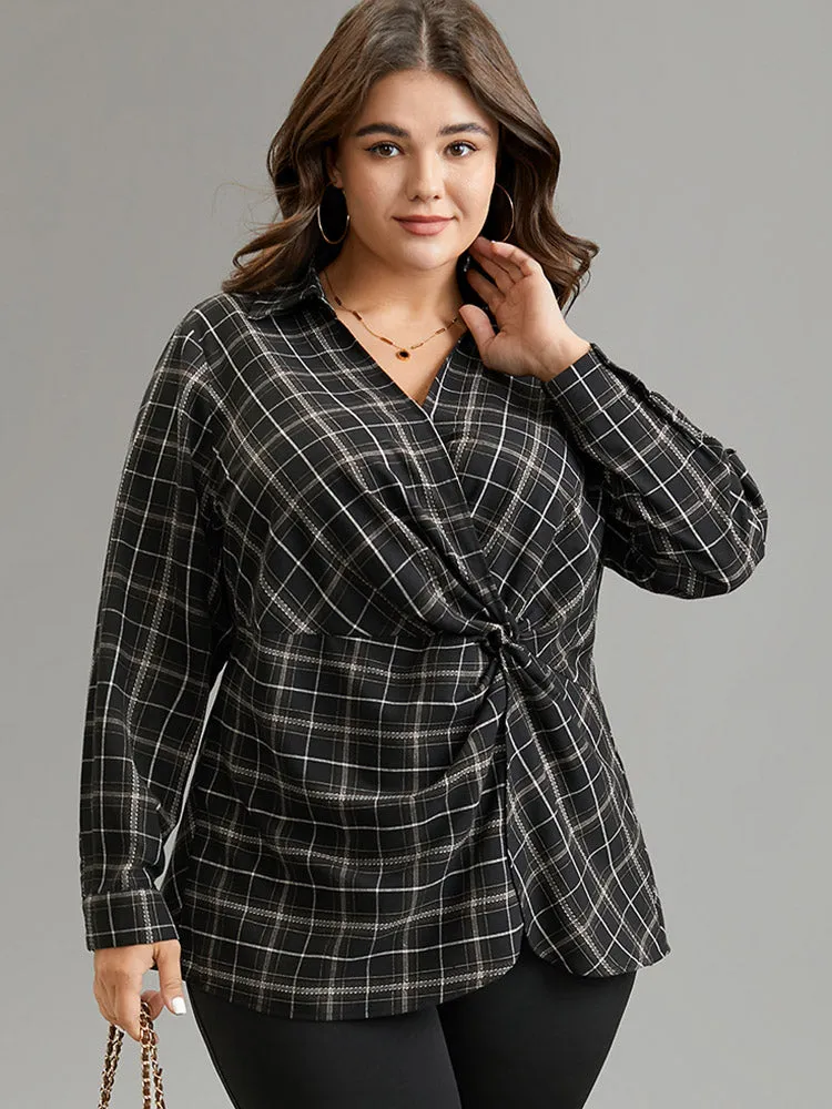 Plaid Shirt Collar Twist Front Blouse sold by Bloomchic