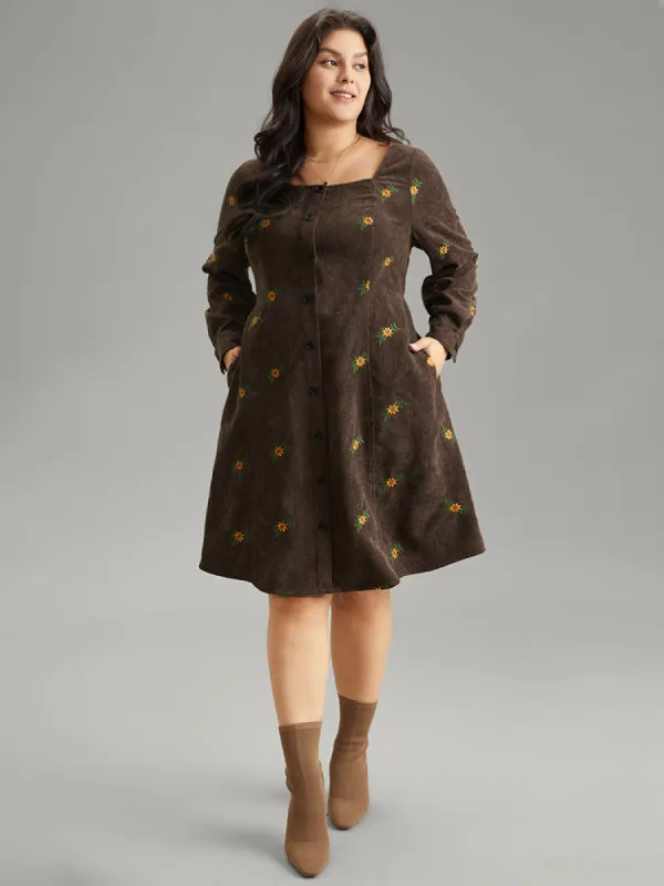 Ditsy Floral Embroidered Corduroy Square Neck Dress sold by Bloomchic