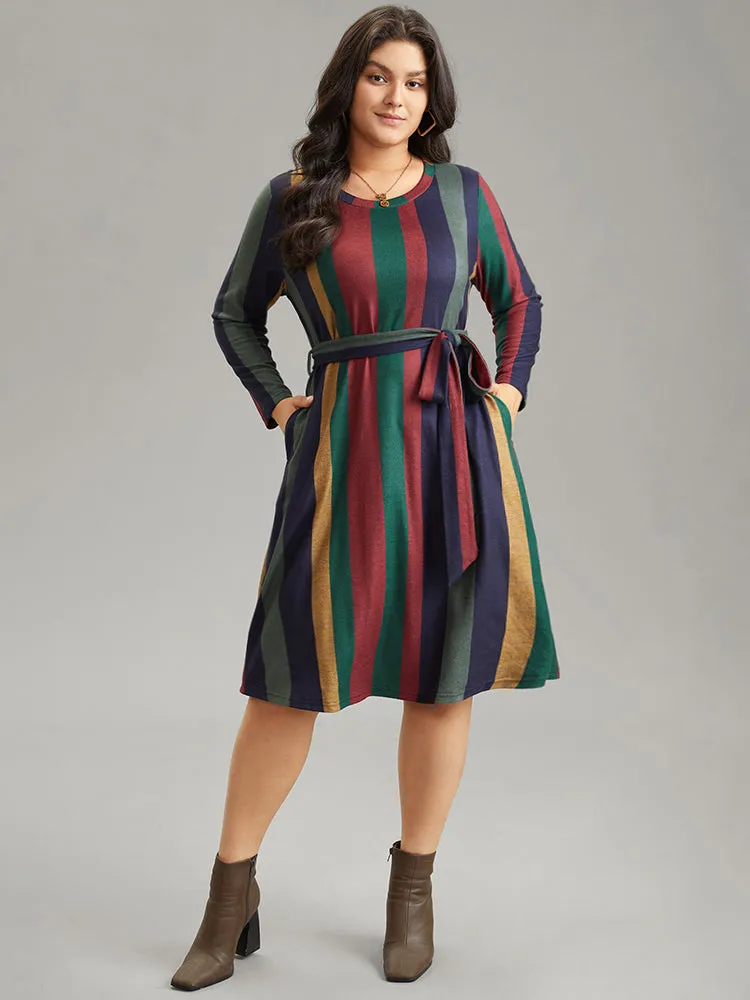 Colored Striped Pocket Belted Long Sleeve Dress sold by Bloomchic product image thumbnail 2