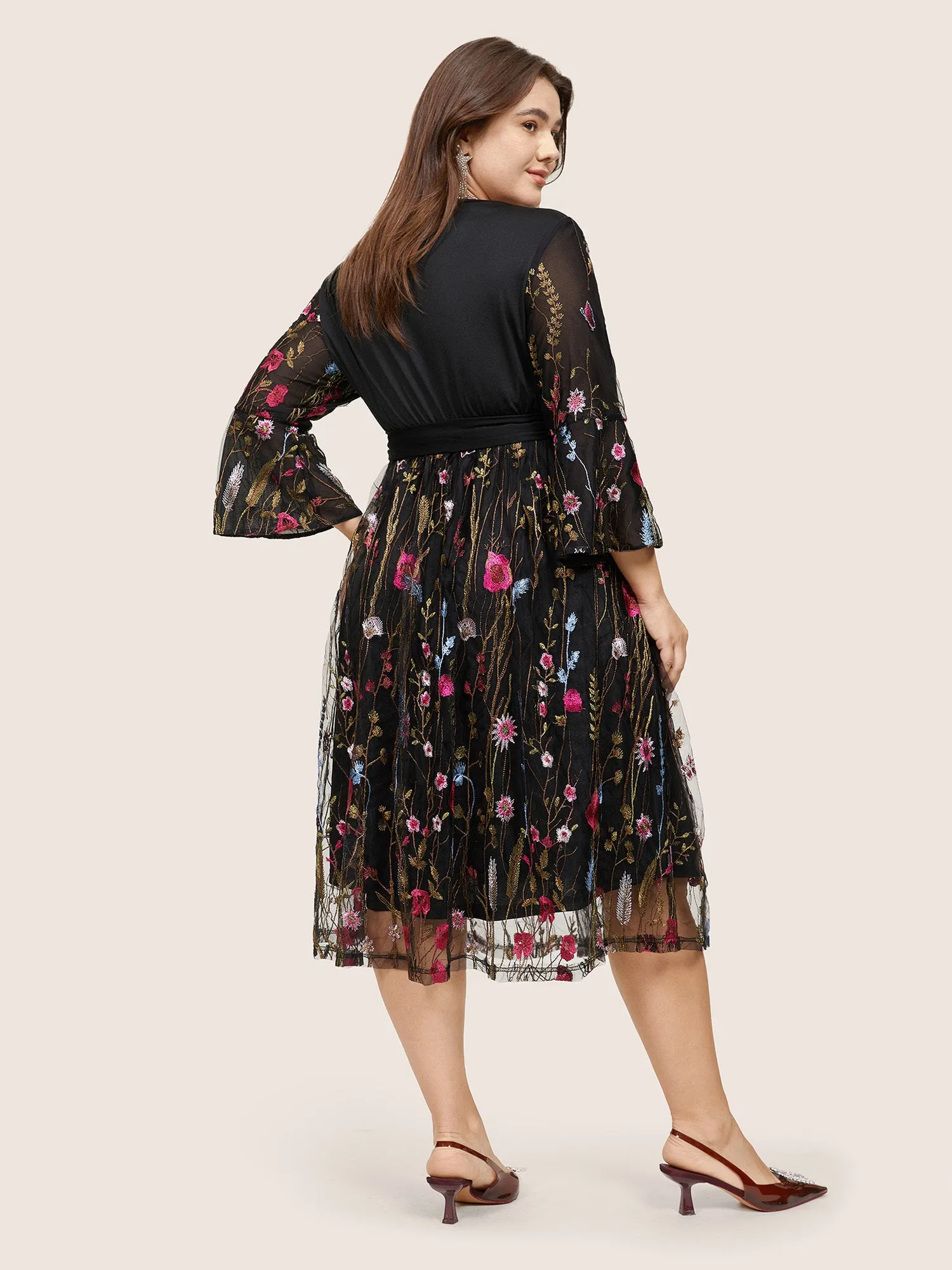 Floral Embroidered Mesh Patchwork Bell Sleeve Dress sold by Bloomchic product image thumbnail 4