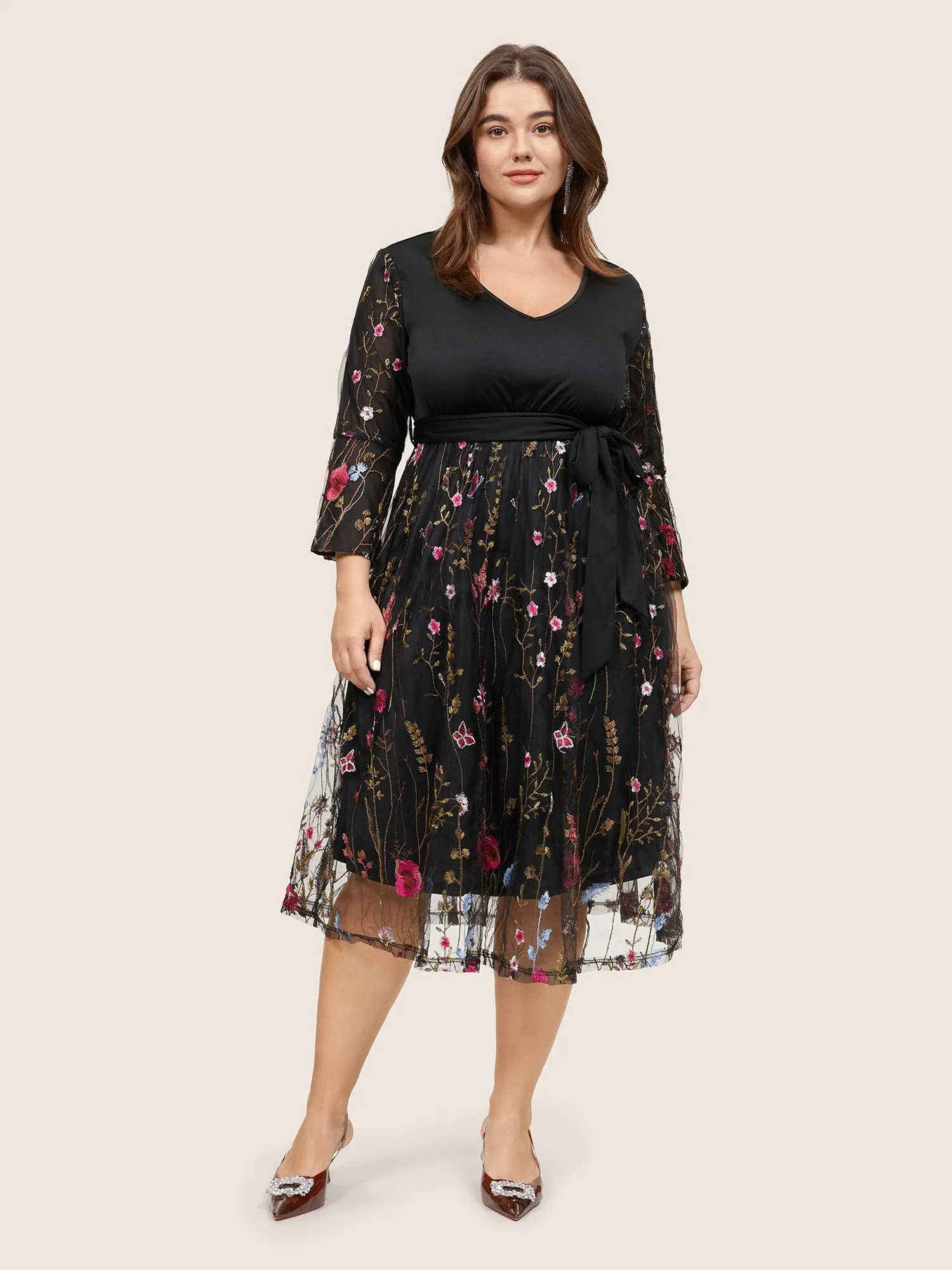 Floral Embroidered Mesh Patchwork Bell Sleeve Dress sold by Bloomchic product image thumbnail 2