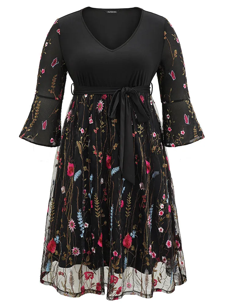 Floral Embroidered Mesh Patchwork Bell Sleeve Dress sold by Bloomchic product image thumbnail 5