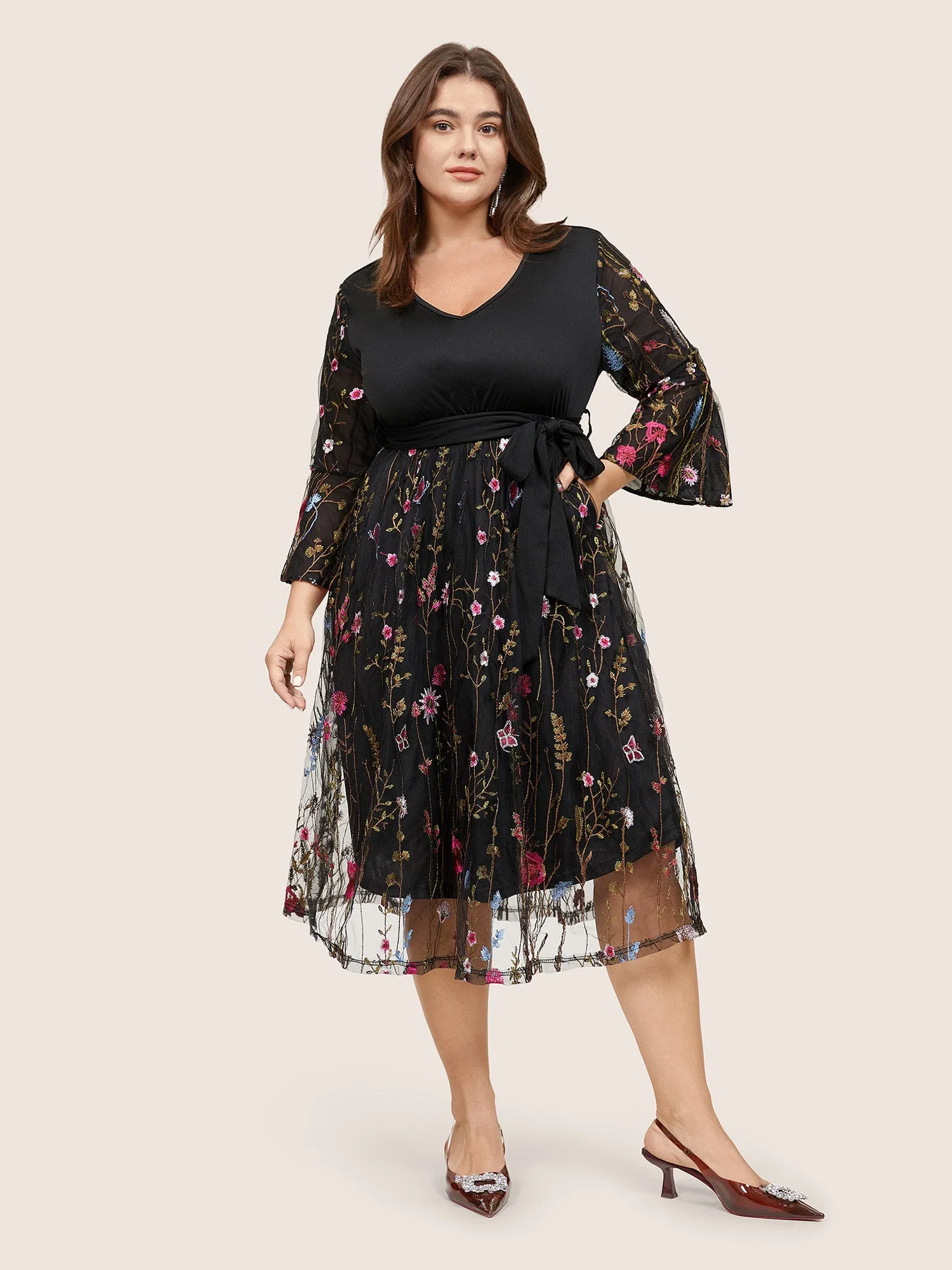 Floral Embroidered Mesh Patchwork Bell Sleeve Dress sold by Bloomchic