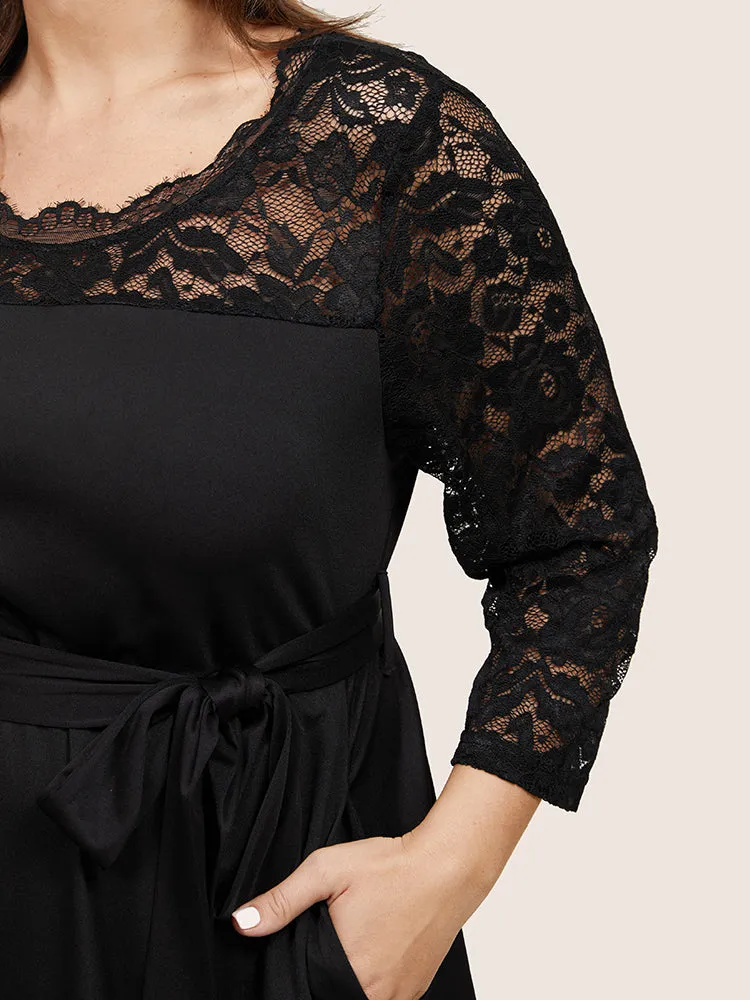 Plain Crochet Lace Mesh Pocket Belted Dress sold by Bloomchic product image thumbnail 4