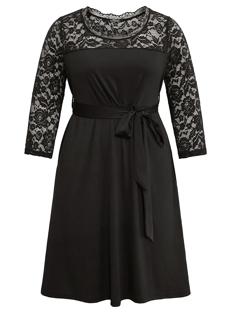 Plain Crochet Lace Mesh Pocket Belted Dress sold by Bloomchic product image thumbnail 5