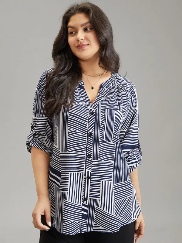 Asymmetrical Striped Notched Tab Sleeve Blouse sold by Bloomchic