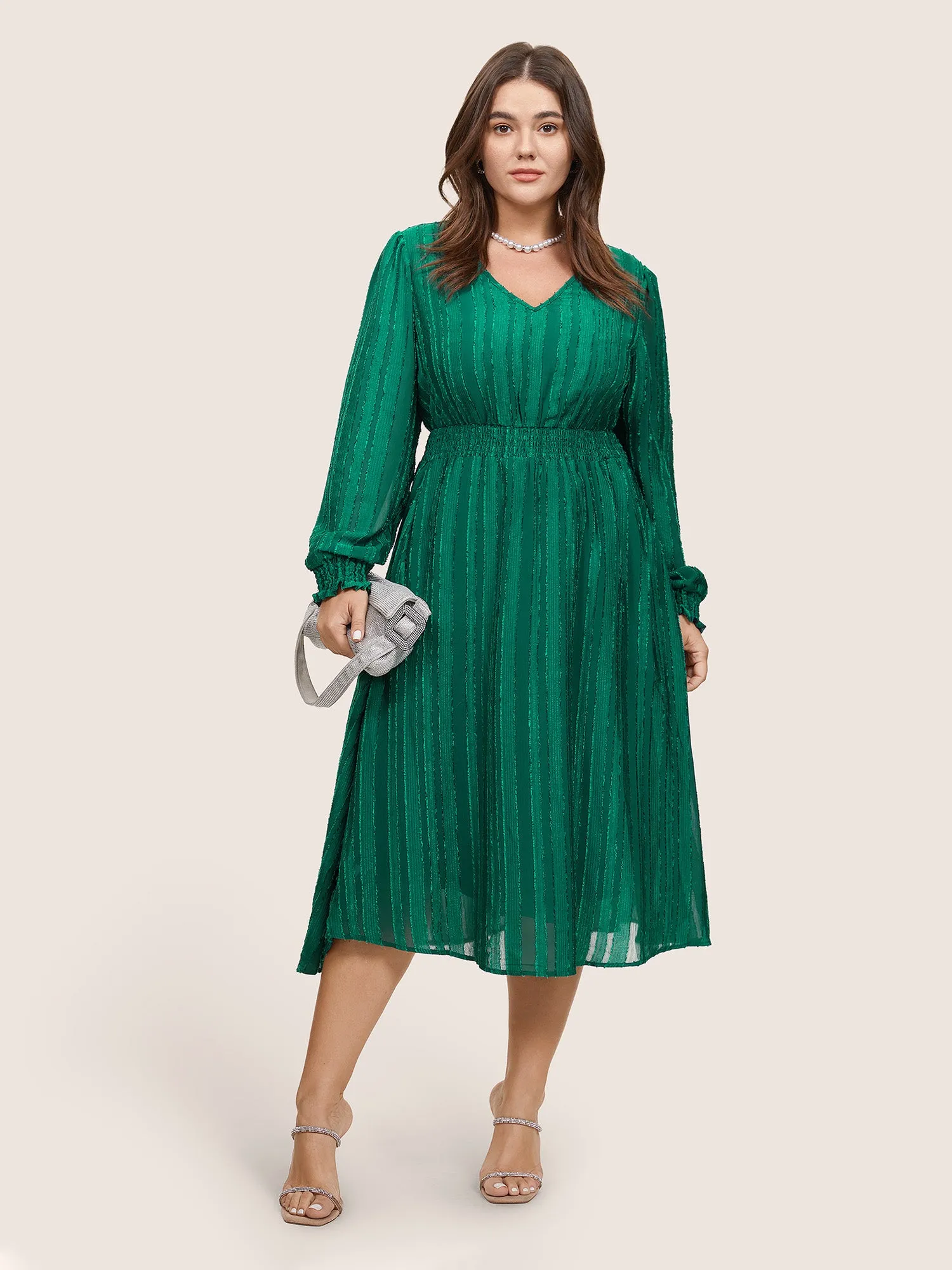 Solid Lantern Sleeve Pocket Plisse Shirred Dress sold by Bloomchic