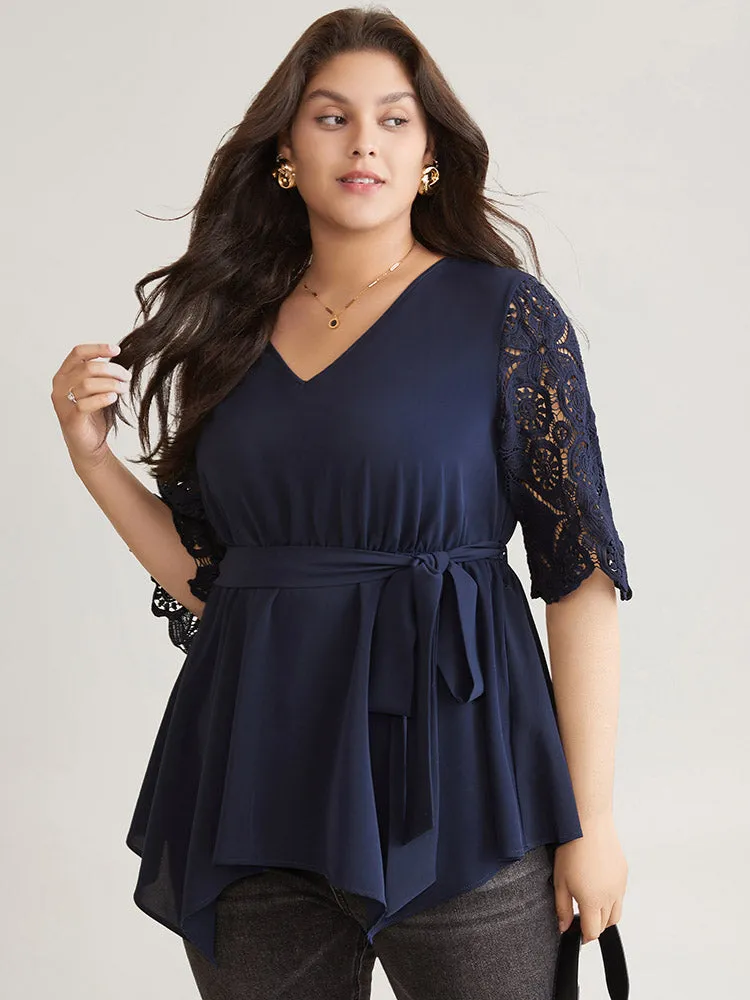 Lace Patchwork Belted Hanky Hem Blouse sold by Bloomchic
