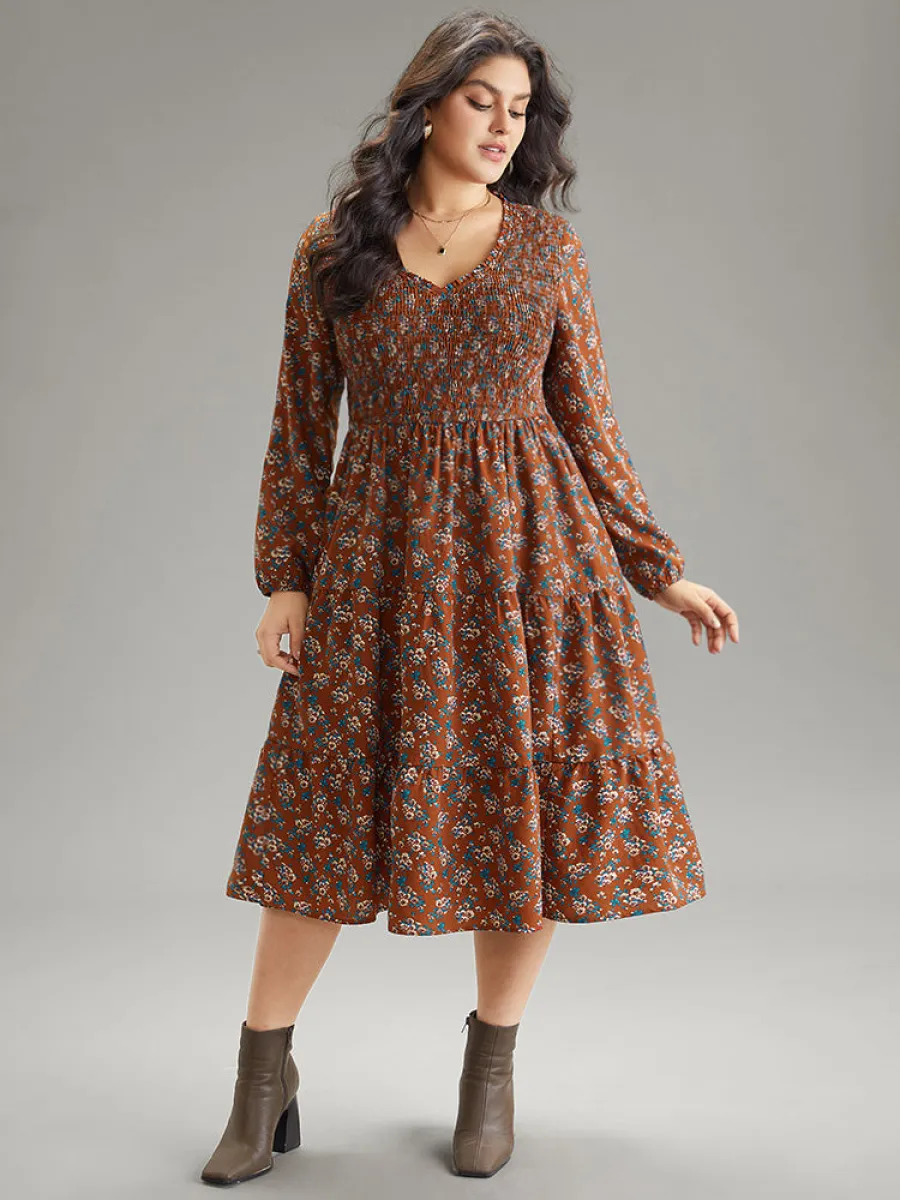 Ditsy Floral Shirred Flutter Layered Hem Dress sold by Bloomchic