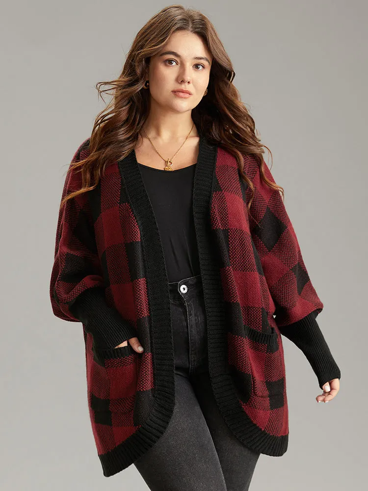 Plaid Contrast Open Front Dolman Sleeve Cardigan sold by Bloomchic