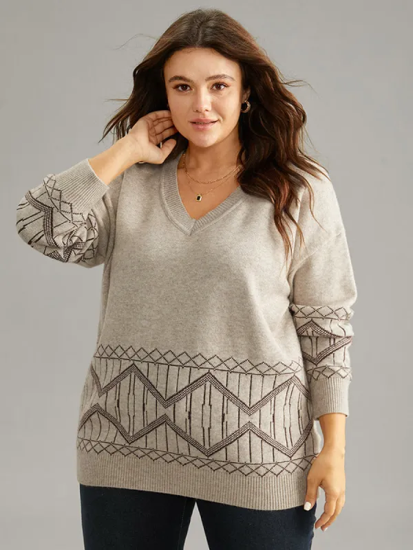Supersoft Essentials Geometric Graphic V Neck Pullover sold by Bloomchic