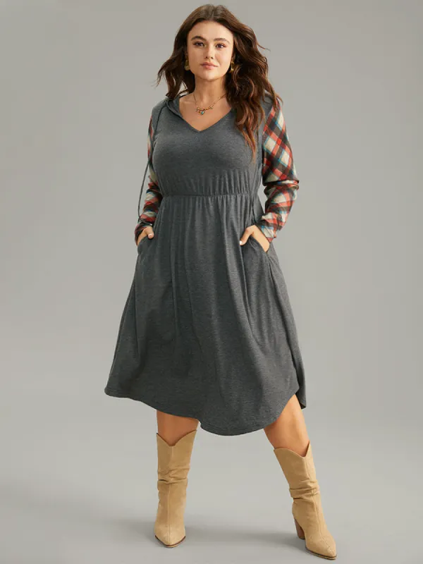 Supersoft Essentials Hooded Plaid Patchwork Drawstring Dress sold by Bloomchic
