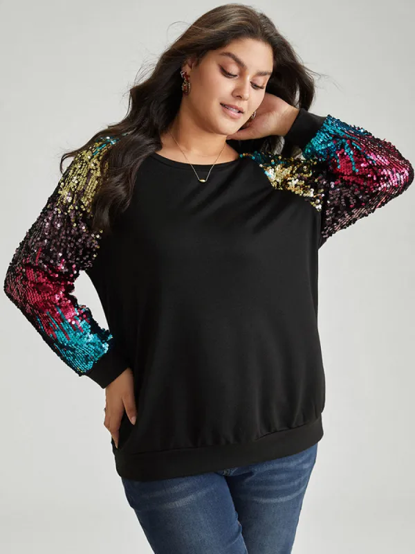 Rainbow Sequin Patchwork Raglan Sleeve Sweatshirt sold by Bloomchic