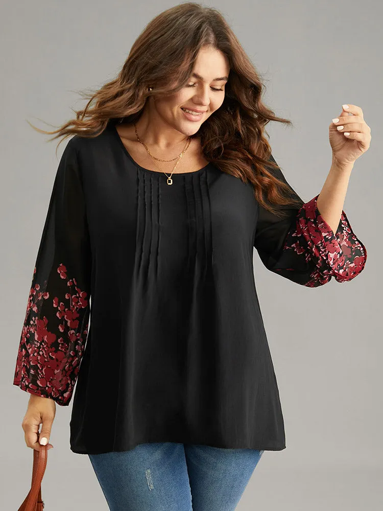 Boho Print Pleated Mesh Ruffle Sleeve Blouse sold by Bloomchic