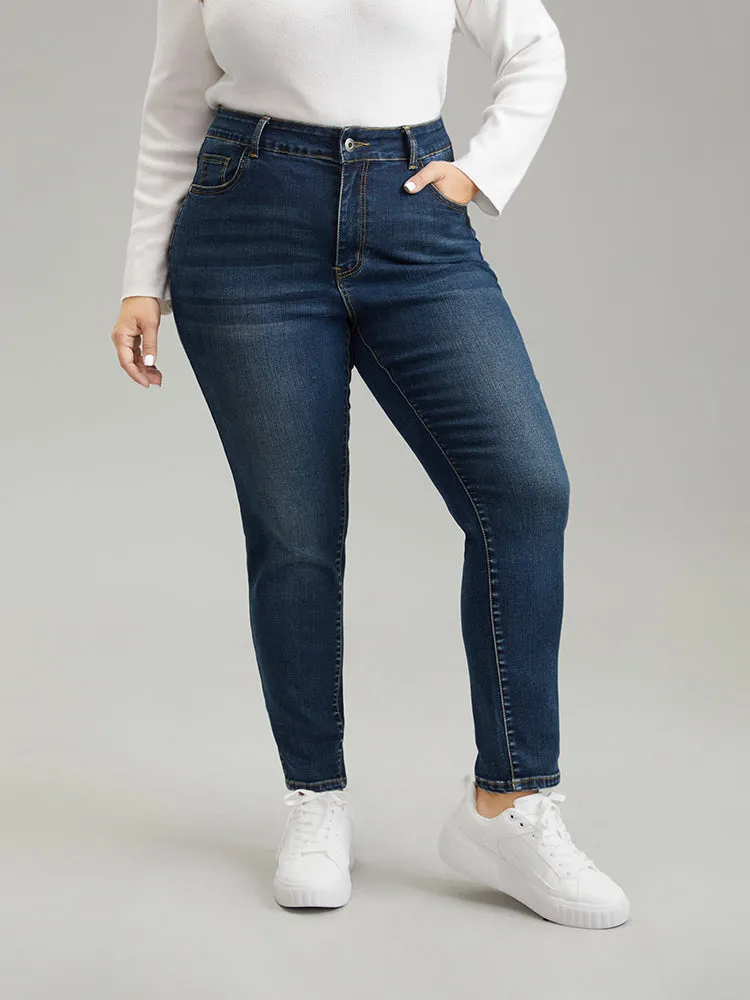 Dark Wash Button Up Zipper Fly High Jeans sold by Bloomchic