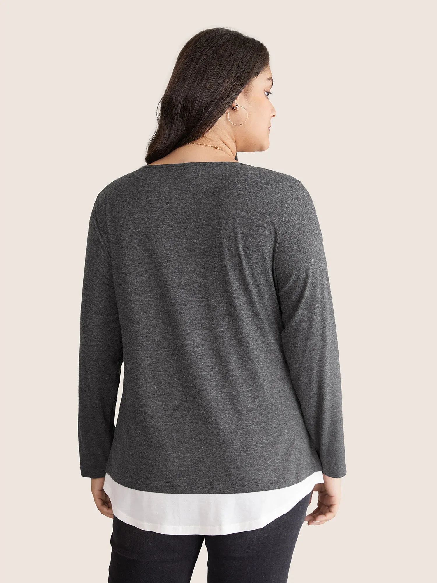 2-In-1 Contrast Crew Neck Curved Hem T-shirt sold by Bloomchic product image thumbnail 2
