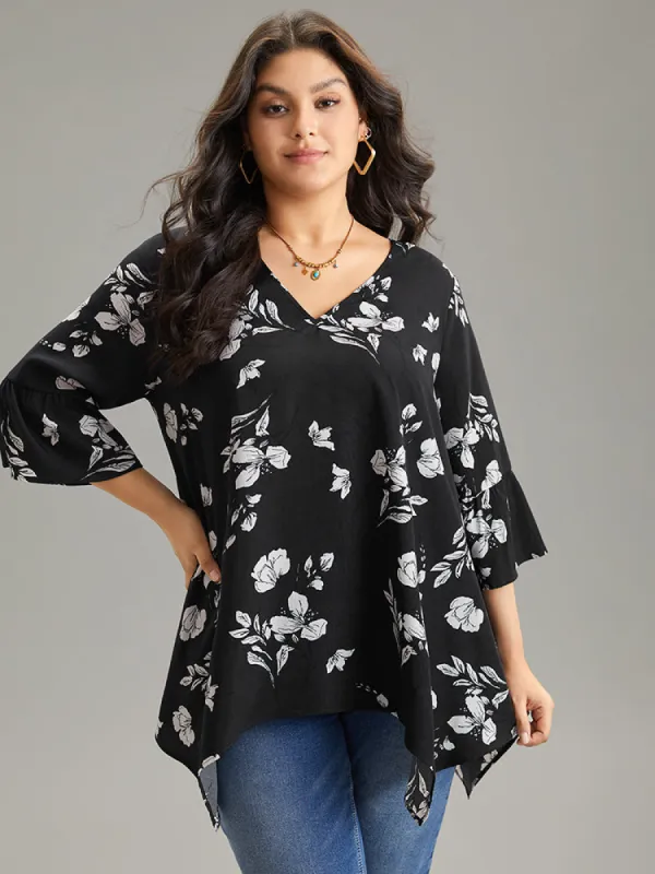 Silhouette Floral Print Hanky Hem Blouse sold by Bloomchic